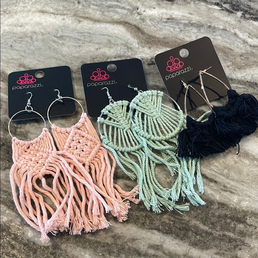 Paparazzi Pink, Green, and Black Fringe Earrings Set